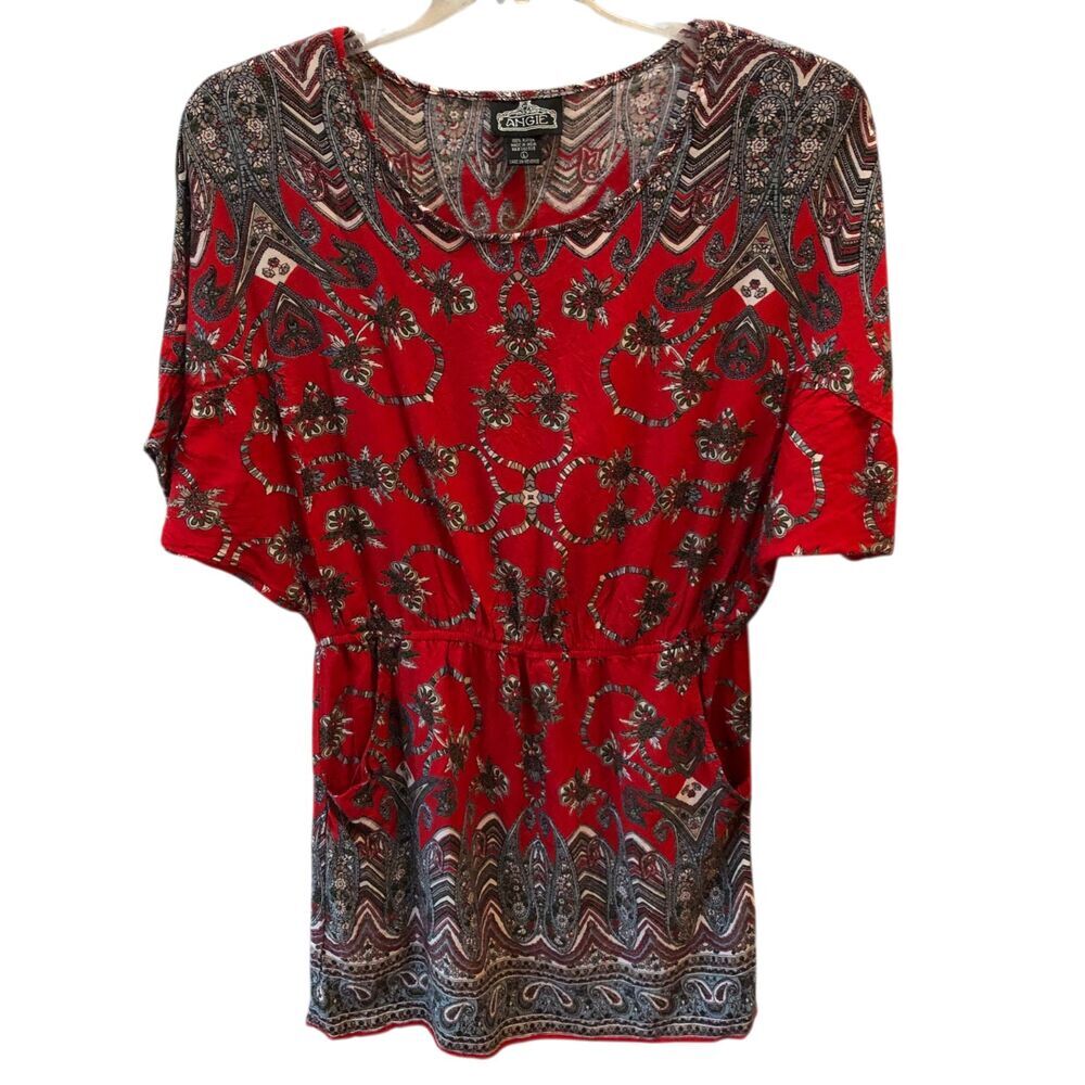 Angie Womens Large Red Paisley Floral Elastic Waist Tunic Top Shirt Sz L Pockets